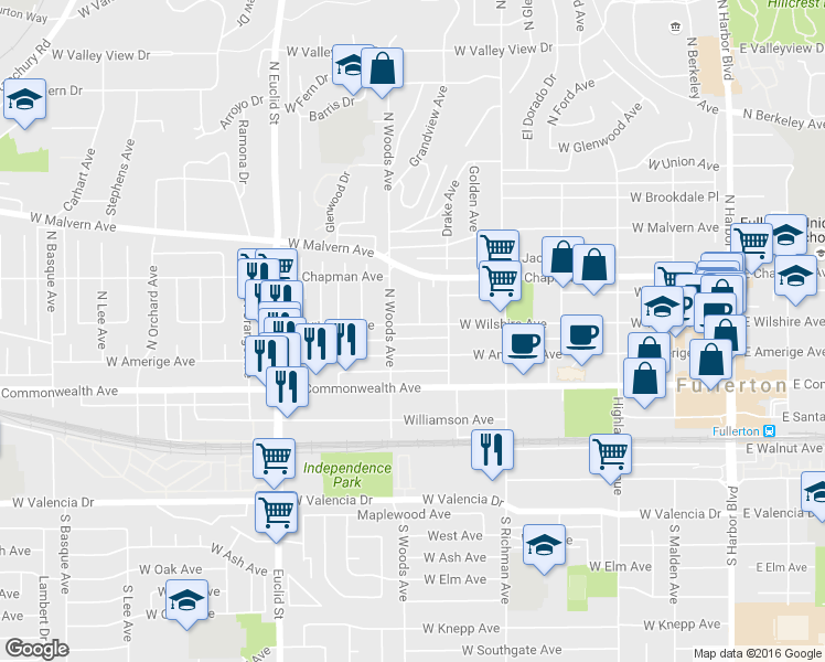 map of restaurants, bars, coffee shops, grocery stores, and more near 630 West Wilshire Avenue in Fullerton