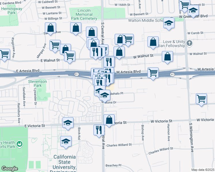 map of restaurants, bars, coffee shops, grocery stores, and more near 2200 West Artesia Boulevard in Compton