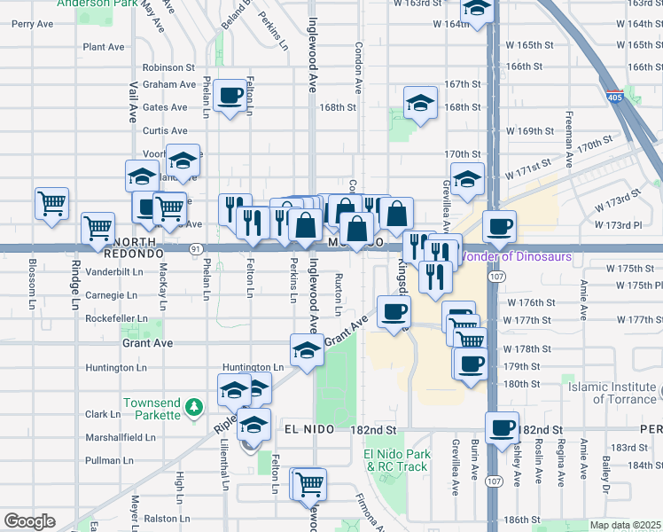 map of restaurants, bars, coffee shops, grocery stores, and more near 2723 Vanderbilt Lane in Redondo Beach