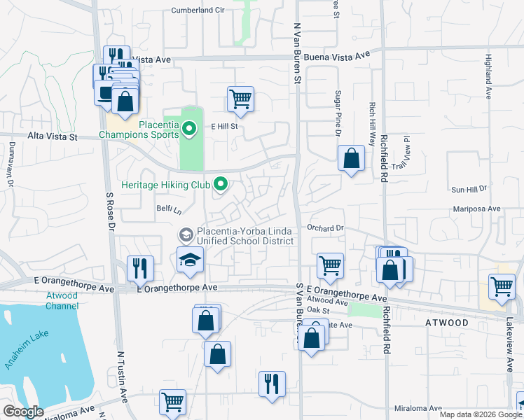 map of restaurants, bars, coffee shops, grocery stores, and more near 1513 Ismail Place in Placentia