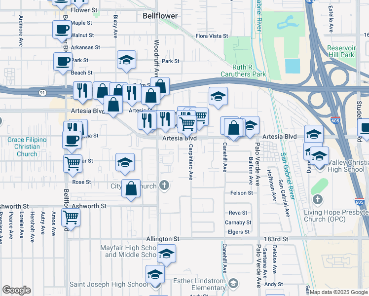 map of restaurants, bars, coffee shops, grocery stores, and more near 10285 Corte Fina Lane in Bellflower