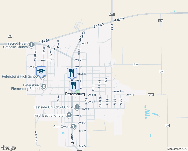 map of restaurants, bars, coffee shops, grocery stores, and more near 1800-1898 Ave F in Petersburg