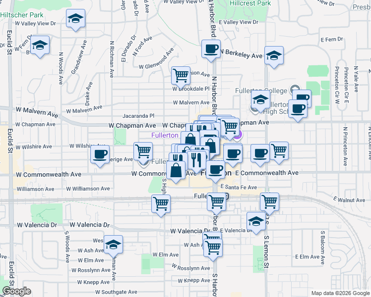 map of restaurants, bars, coffee shops, grocery stores, and more near 206 West Wilshire Avenue in Fullerton