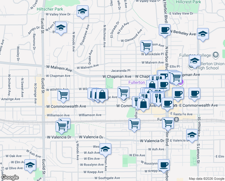 map of restaurants, bars, coffee shops, grocery stores, and more near 424 West Wilshire Avenue in Fullerton