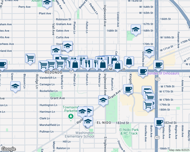 map of restaurants, bars, coffee shops, grocery stores, and more near 2615 Vanderbilt Lane in Redondo Beach