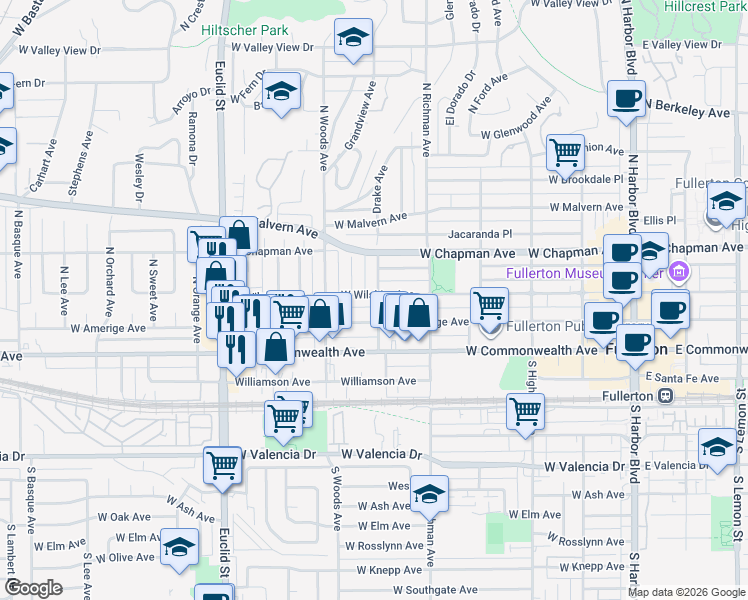 map of restaurants, bars, coffee shops, grocery stores, and more near 600 West Wilshire Avenue in Fullerton