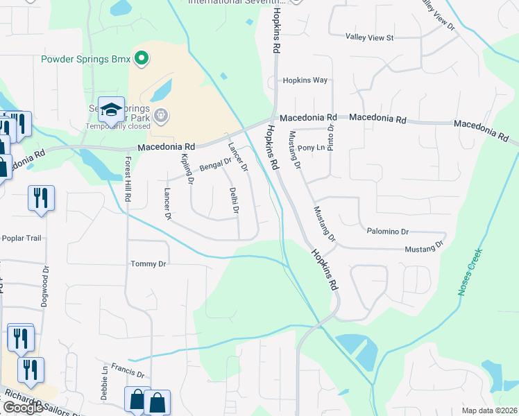 map of restaurants, bars, coffee shops, grocery stores, and more near 3199 Lancer Drive in Powder Springs