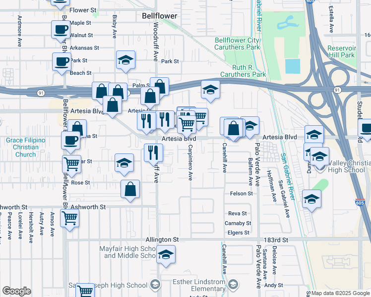 map of restaurants, bars, coffee shops, grocery stores, and more near 10285 Corte Fina Lane in Bellflower