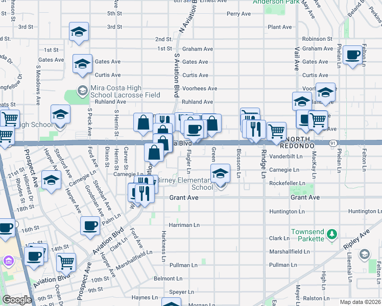map of restaurants, bars, coffee shops, grocery stores, and more near 1906 Vanderbilt Lane in Redondo Beach