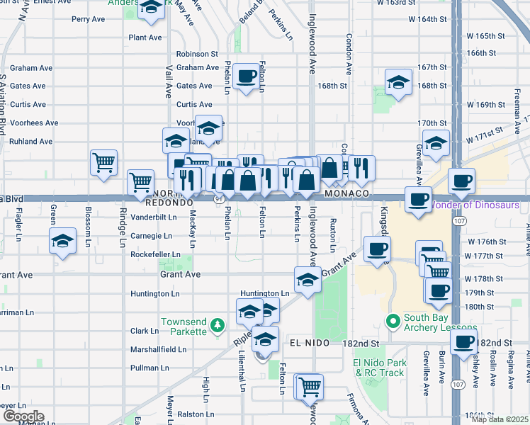 map of restaurants, bars, coffee shops, grocery stores, and more near 2601 Vanderbilt Lane in Redondo Beach
