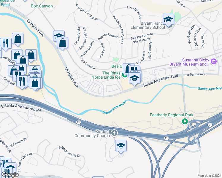 map of restaurants, bars, coffee shops, grocery stores, and more near in Yorba Linda