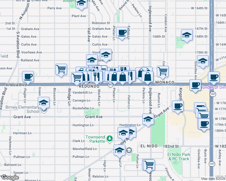 map of restaurants, bars, coffee shops, grocery stores, and more near 1901 Phelan Lane in Redondo Beach