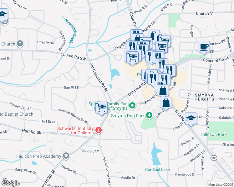 map of restaurants, bars, coffee shops, grocery stores, and more near 610 Concord Lake Lane in Smyrna