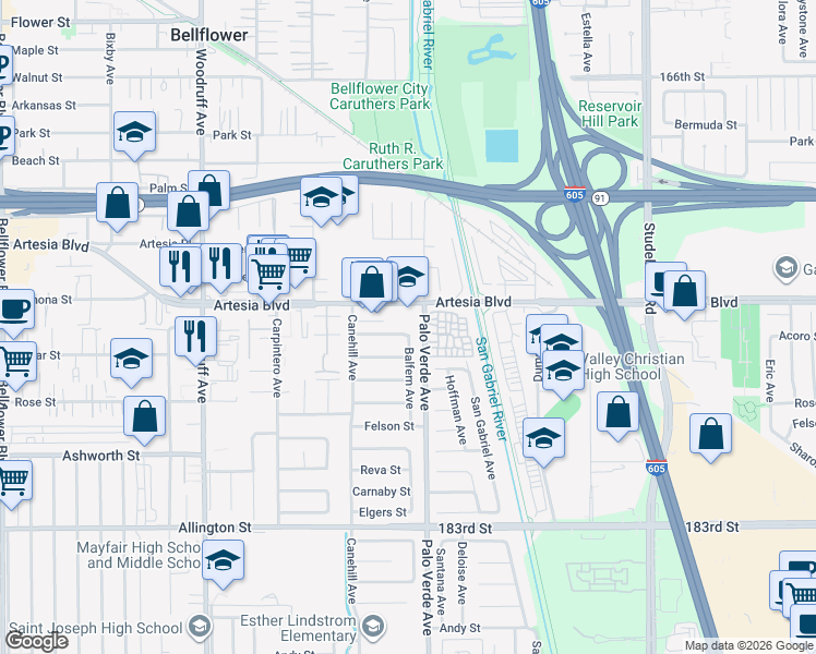 map of restaurants, bars, coffee shops, grocery stores, and more near 10563 East Plunkett Street in Bellflower