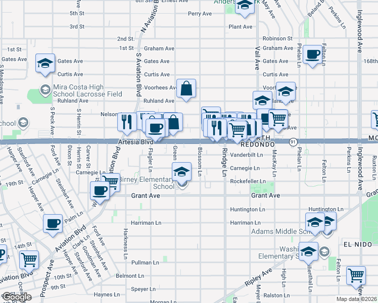 map of restaurants, bars, coffee shops, grocery stores, and more near 2013 Vanderbilt Lane in Redondo Beach