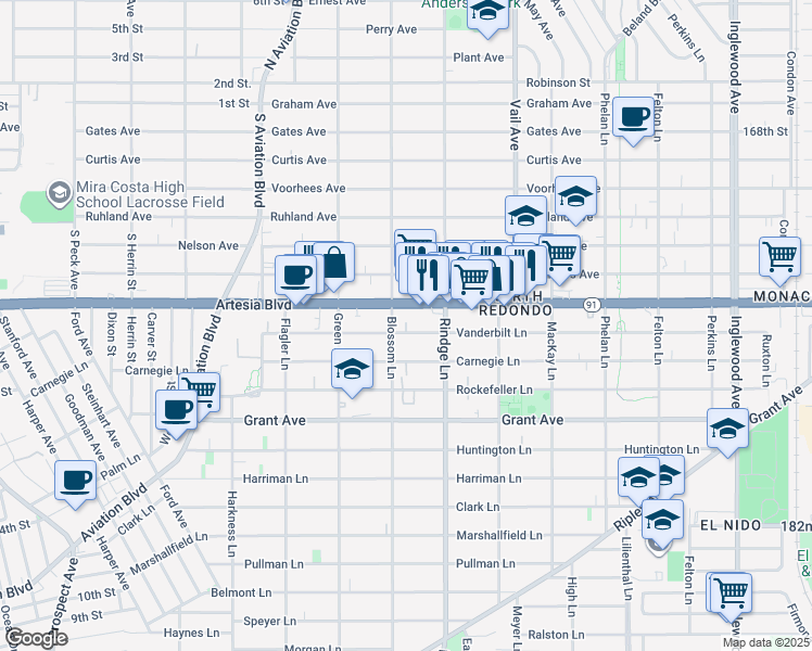 map of restaurants, bars, coffee shops, grocery stores, and more near 2109 Carnegie Lane in Redondo Beach