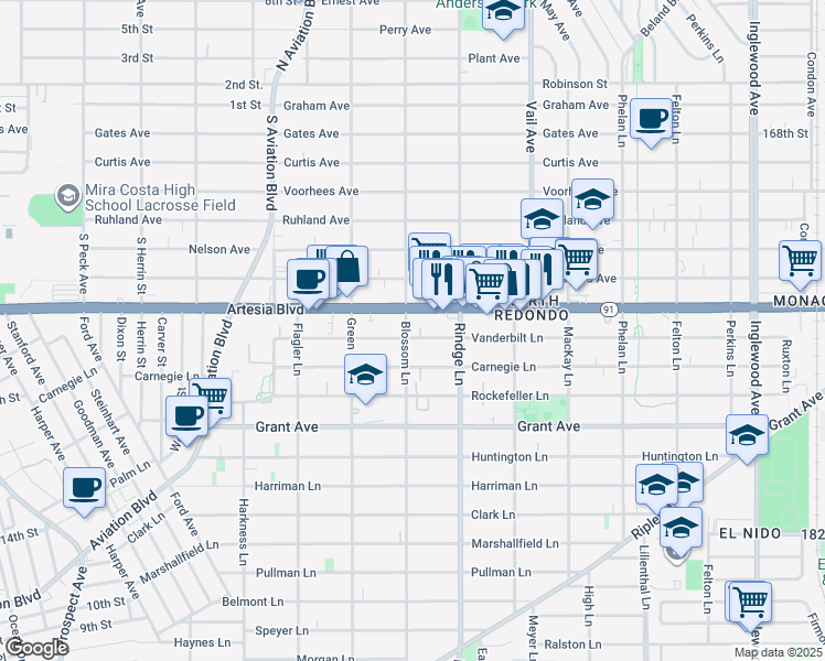 map of restaurants, bars, coffee shops, grocery stores, and more near 2109 Carnegie Lane in Redondo Beach