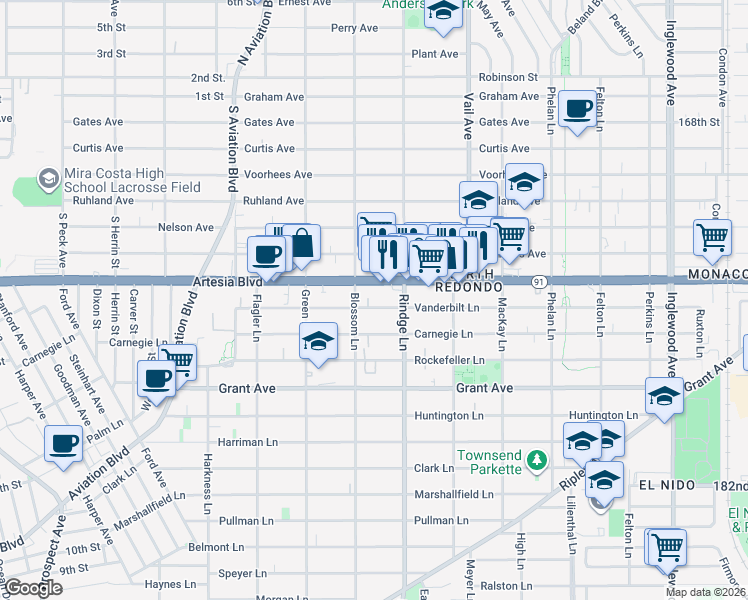map of restaurants, bars, coffee shops, grocery stores, and more near 2109 Carnegie Lane in Redondo Beach