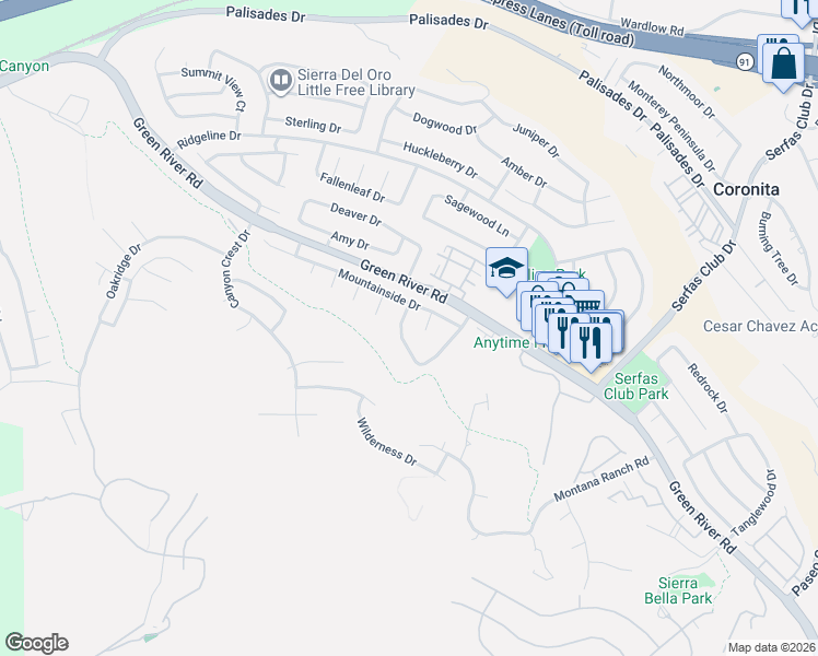 map of restaurants, bars, coffee shops, grocery stores, and more near 1227 Goldenview Drive in Corona