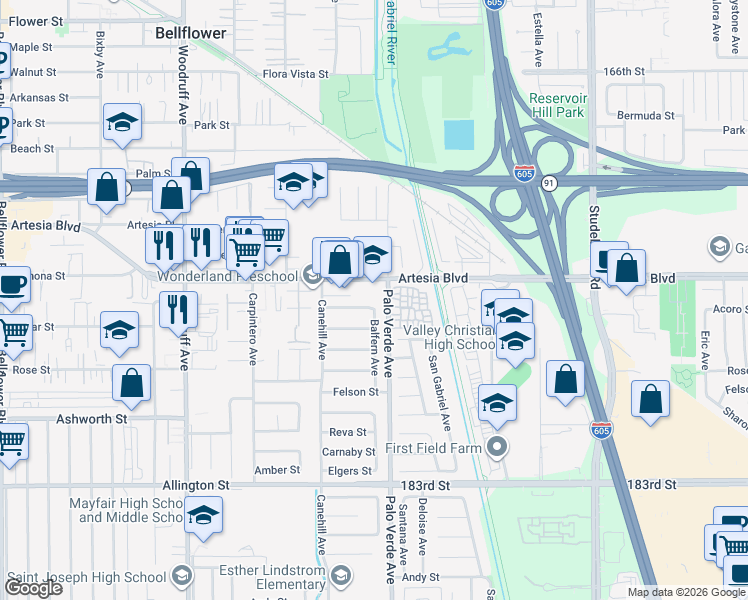 map of restaurants, bars, coffee shops, grocery stores, and more near 10563 East Plunkett Street in Bellflower