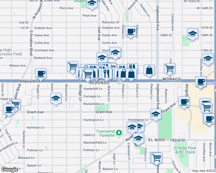 map of restaurants, bars, coffee shops, grocery stores, and more near 2323 Vanderbilt Lane in Redondo Beach
