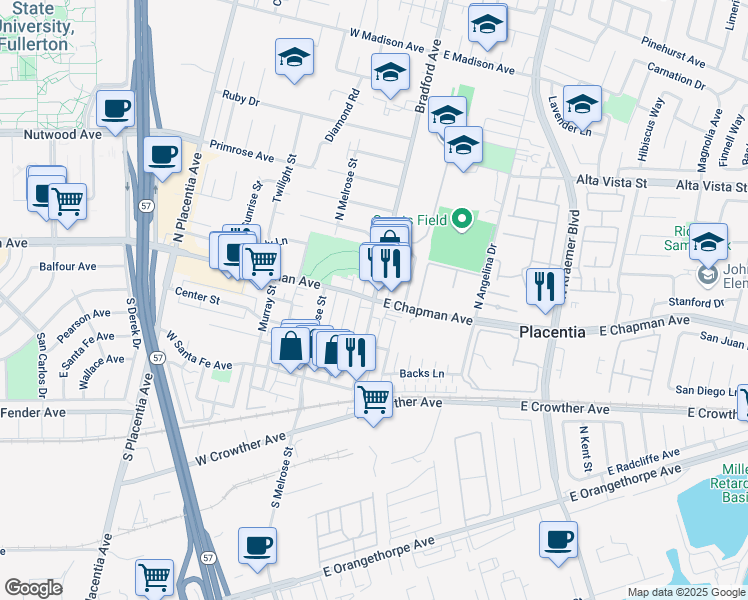 map of restaurants, bars, coffee shops, grocery stores, and more near in Placentia