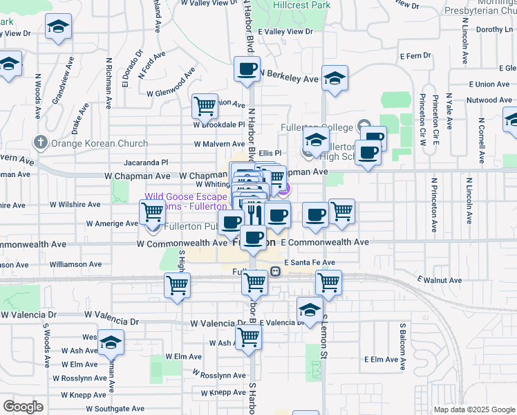 map of restaurants, bars, coffee shops, grocery stores, and more near 112 North Harbor Boulevard in Fullerton
