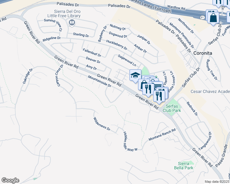 map of restaurants, bars, coffee shops, grocery stores, and more near 1221 Highcliff Circle in Corona