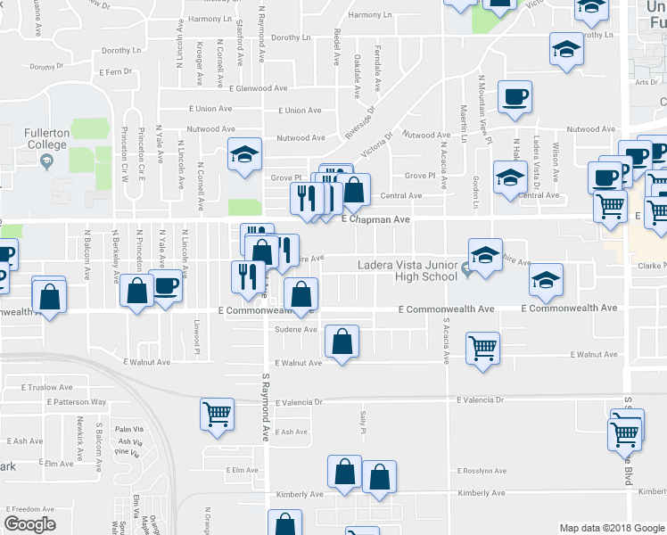 map of restaurants, bars, coffee shops, grocery stores, and more near 125 North Hart Place in Fullerton