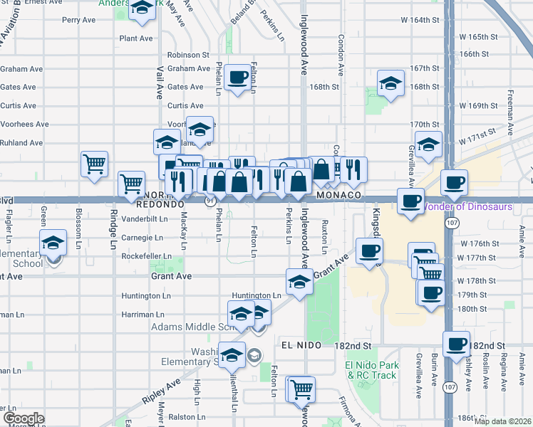 map of restaurants, bars, coffee shops, grocery stores, and more near 2609 Vanderbilt Lane in Redondo Beach