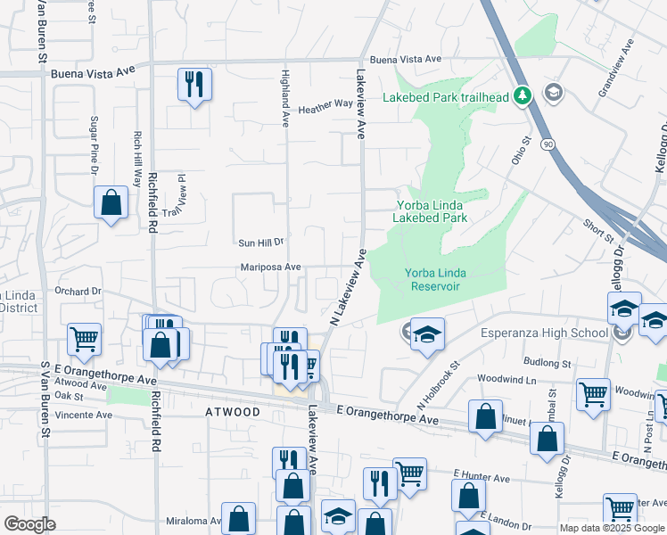 map of restaurants, bars, coffee shops, grocery stores, and more near 206 Bay Meadows Drive in Placentia