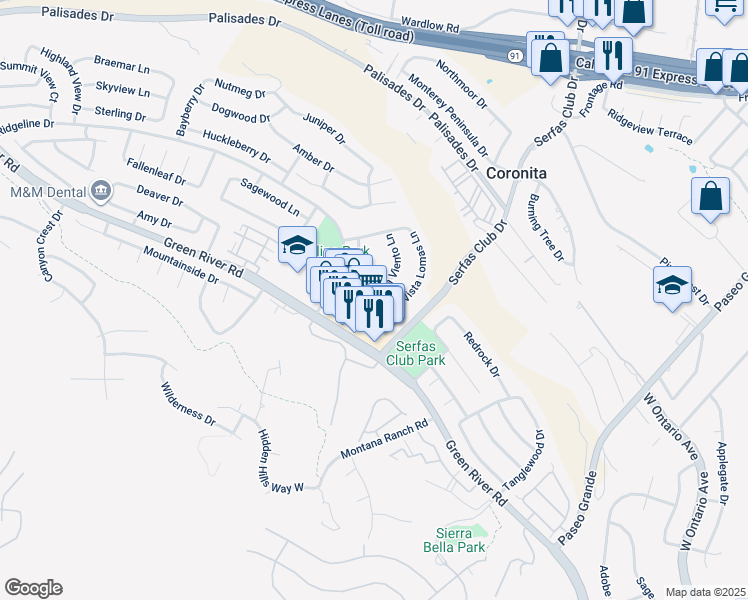 map of restaurants, bars, coffee shops, grocery stores, and more near 2700 Via Corazon Drive in Corona