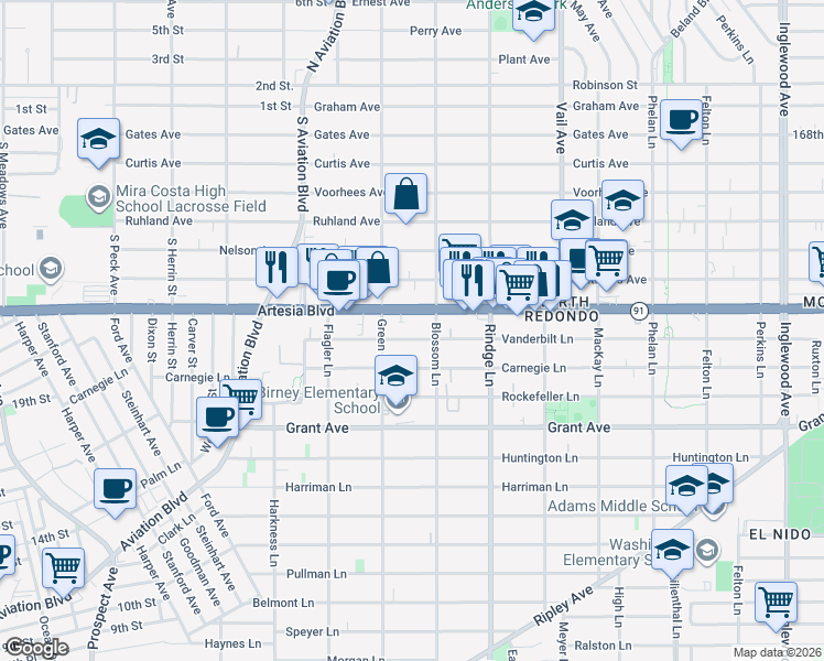 map of restaurants, bars, coffee shops, grocery stores, and more near 2013 Vanderbilt Lane in Redondo Beach