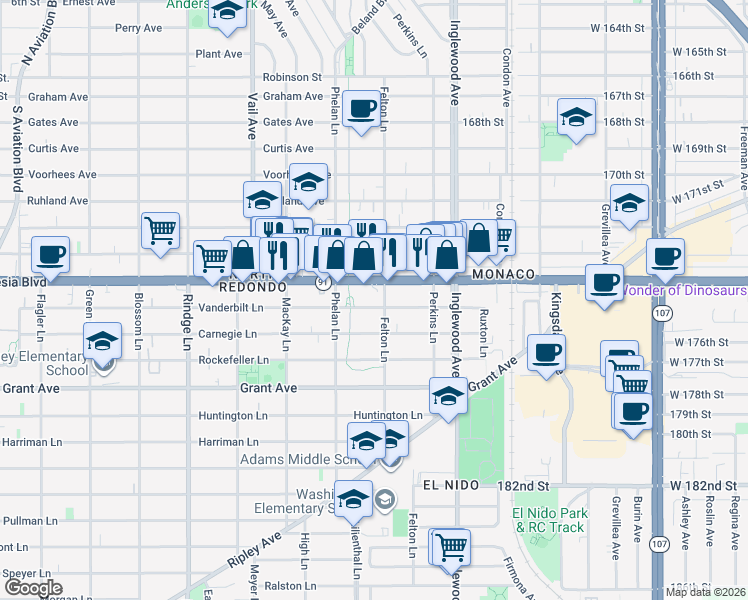 map of restaurants, bars, coffee shops, grocery stores, and more near 2519 Vanderbilt Lane in Redondo Beach