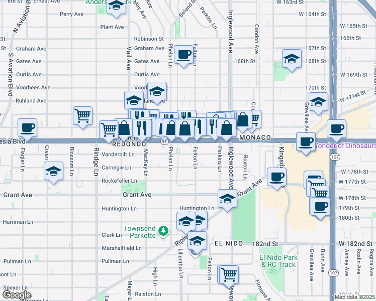 map of restaurants, bars, coffee shops, grocery stores, and more near 2517 Vanderbilt Lane in Redondo Beach