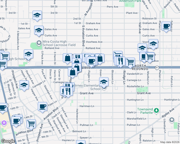 map of restaurants, bars, coffee shops, grocery stores, and more near 1906 Vanderbilt Lane in Redondo Beach