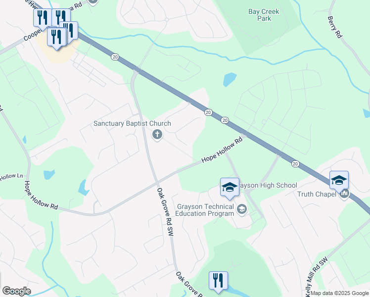map of restaurants, bars, coffee shops, grocery stores, and more near 3093 Turkey Oak Trail in Loganville