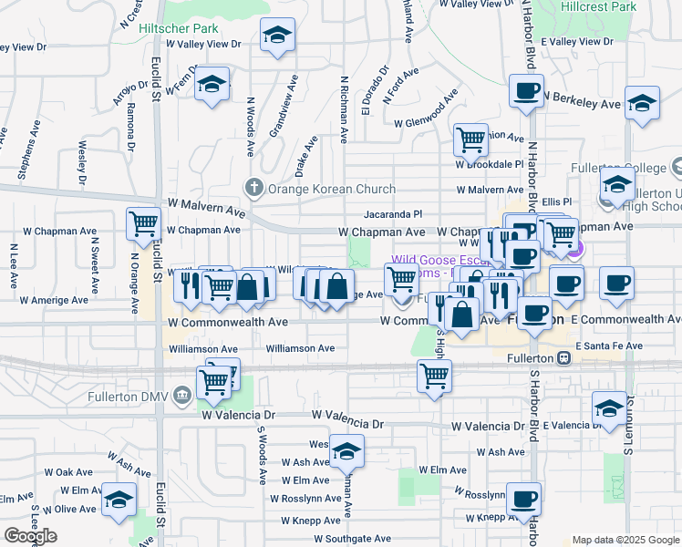 map of restaurants, bars, coffee shops, grocery stores, and more near 506 West Wilshire Avenue in Fullerton