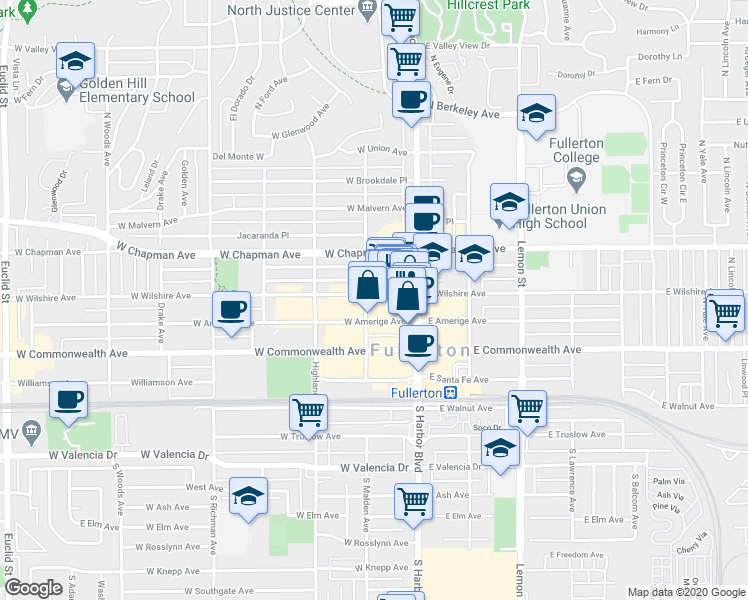 map of restaurants, bars, coffee shops, grocery stores, and more near 100 West Amerige Avenue in Fullerton