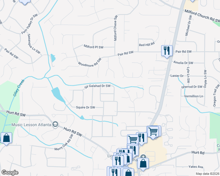 map of restaurants, bars, coffee shops, grocery stores, and more near 1563 Sir Galahad Drive Southwest in Marietta