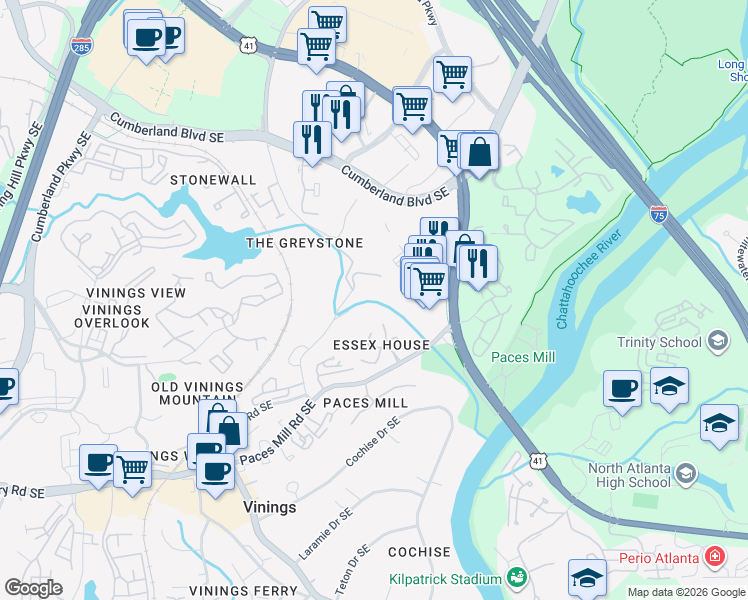 map of restaurants, bars, coffee shops, grocery stores, and more near 3320 Stillhouse Road Southeast in Atlanta