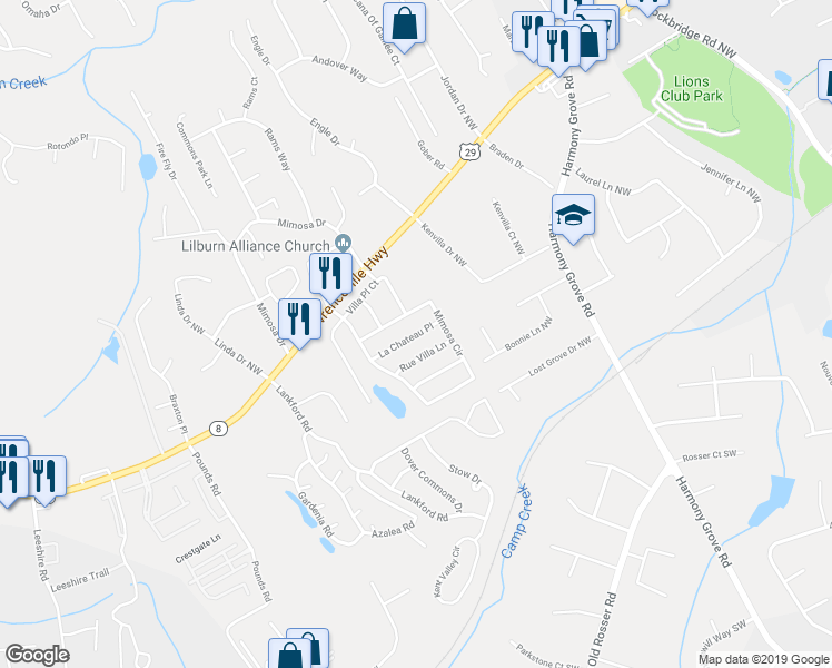 map of restaurants, bars, coffee shops, grocery stores, and more near 5921 La Chateau Place in Tucker