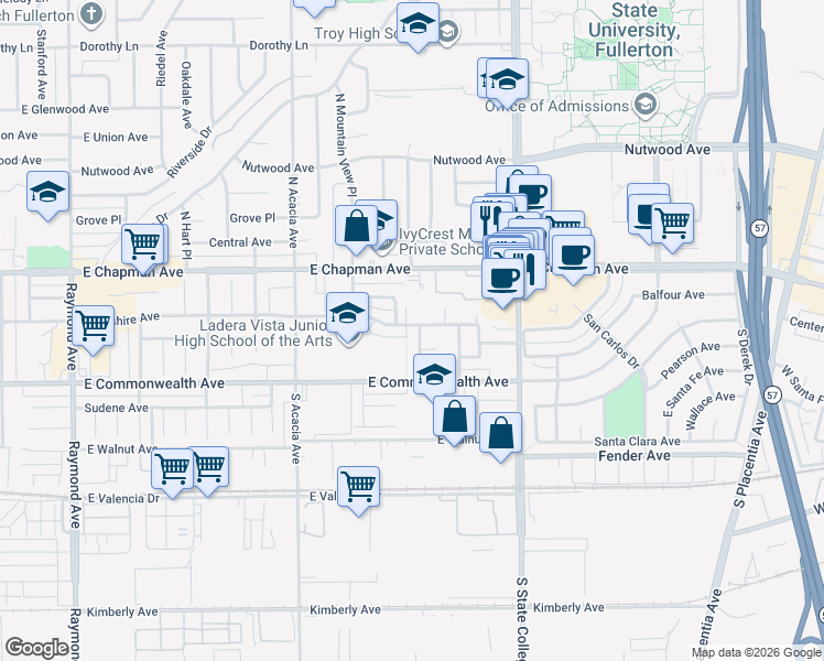 map of restaurants, bars, coffee shops, grocery stores, and more near 219 Ladera Vista Drive in Fullerton