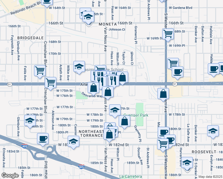map of restaurants, bars, coffee shops, grocery stores, and more near 2135 West 176th Street in Torrance