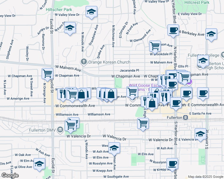 map of restaurants, bars, coffee shops, grocery stores, and more near 506 West Wilshire Avenue in Fullerton