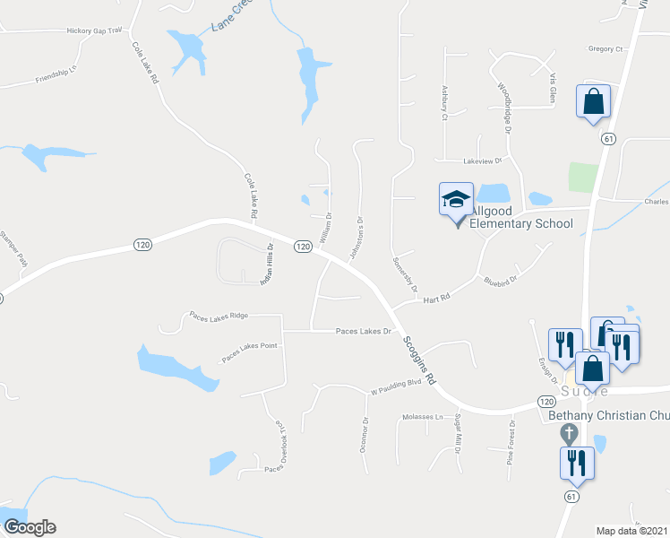 map of restaurants, bars, coffee shops, grocery stores, and more near 17 Paces Meadows Drive in Dallas