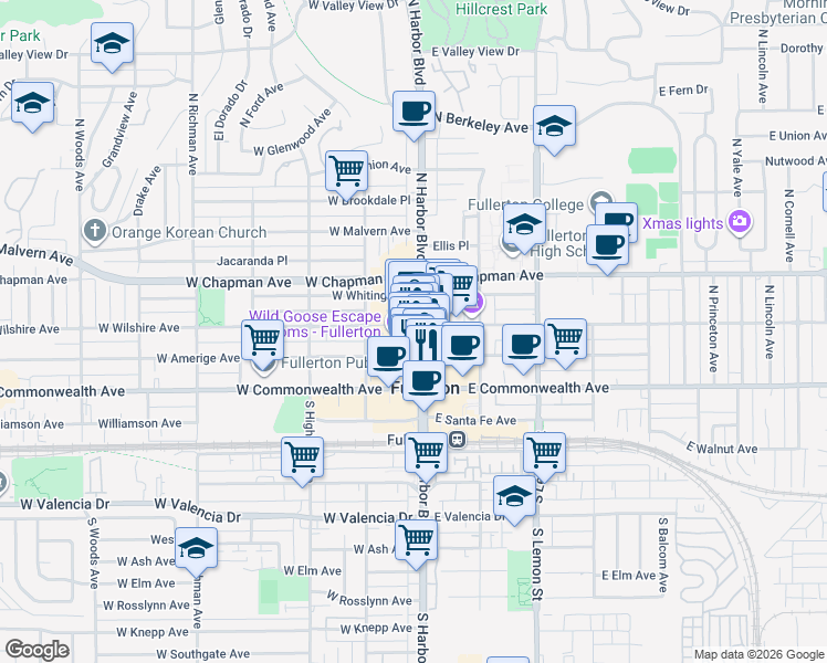 map of restaurants, bars, coffee shops, grocery stores, and more near 112 North Harbor Boulevard in Fullerton