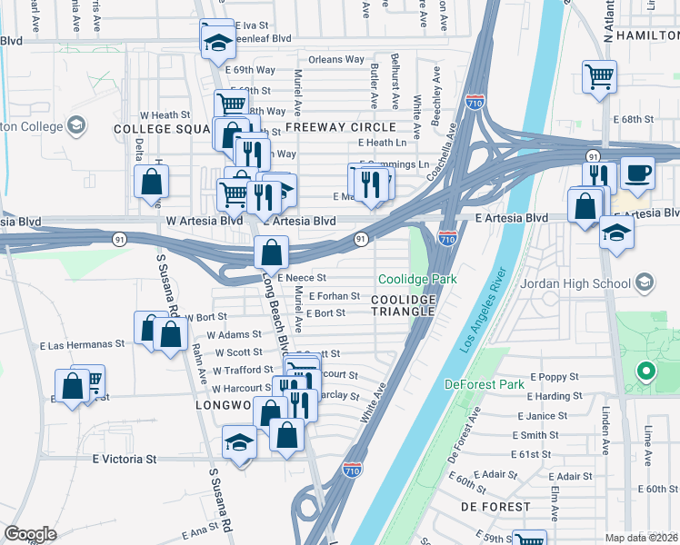 map of restaurants, bars, coffee shops, grocery stores, and more near 245 East Neece Street in Long Beach