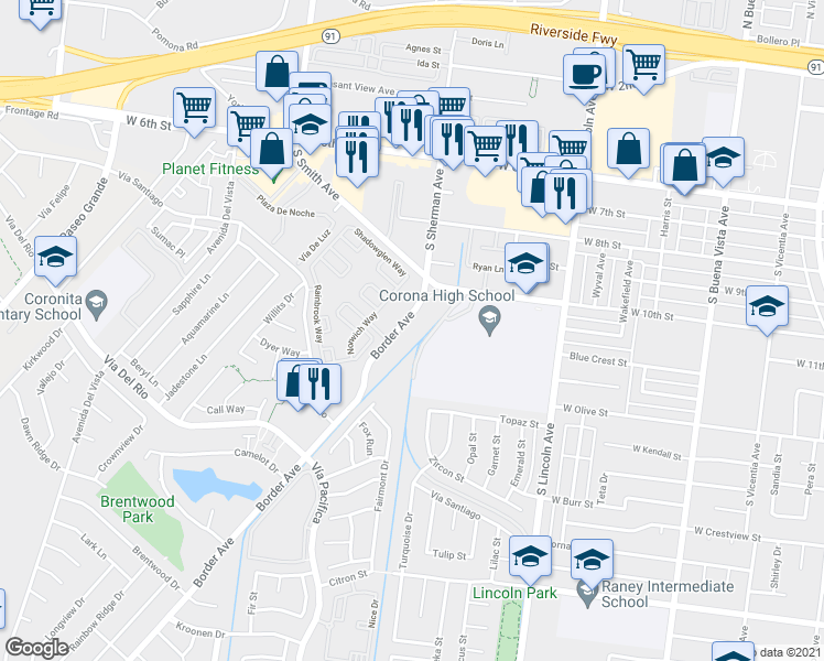 map of restaurants, bars, coffee shops, grocery stores, and more near 1097 Border Avenue in Corona
