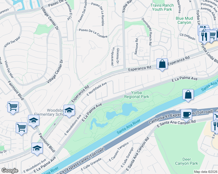 map of restaurants, bars, coffee shops, grocery stores, and more near 1224 East Woodsboro Avenue in Anaheim